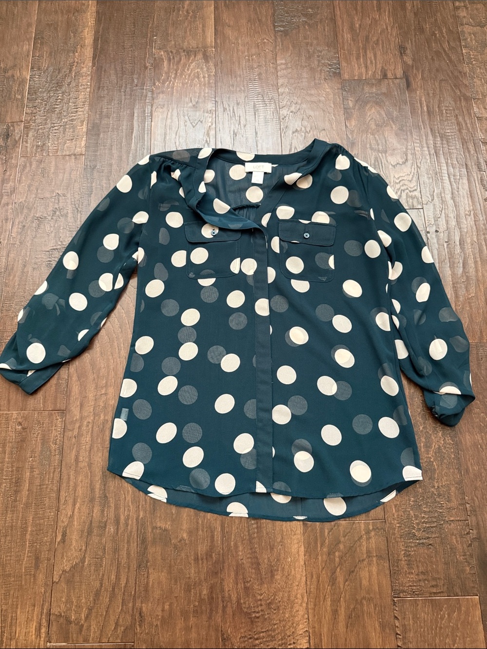LOFT Teal Navy Polka Dot Button-Front Blouse